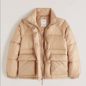 Abercrombie Oversized Utility Puffer Jacket - Tan, Medium